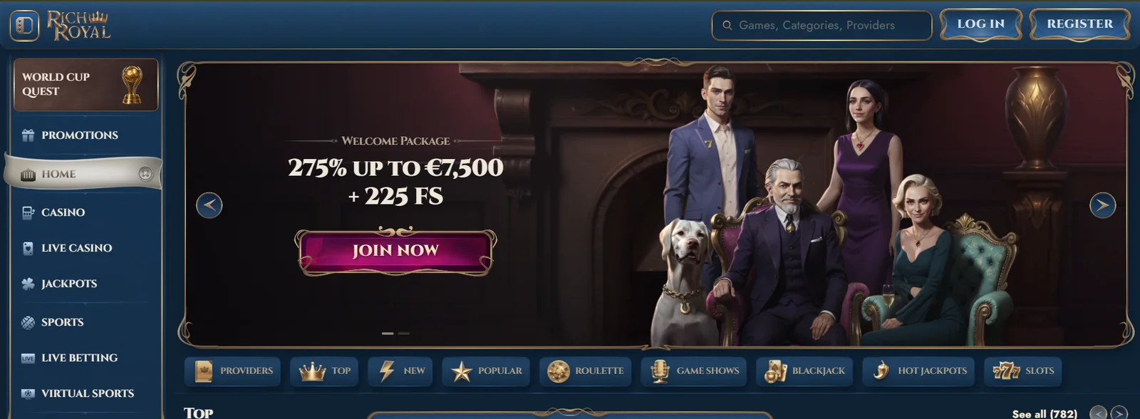 RichRoyal Casino lobby interface — sidebar with Promotions, Casino, Live Casino, Jackpots, Sports and Challenges, the 275% up to €7,500 + 225 FS welcome banner with a Join Now button, and category rails for Providers, Top, New, Popular, Roulette, Game Shows, Blackjack, Hot Jackpots and Slots